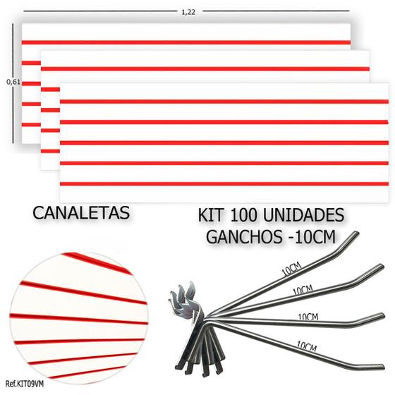 Imagem de 3 Paineis Canaletados - 1,22 X 0,61 + 100 Ganchos 10CM + Canaleta Vermelha