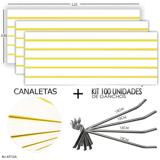 Imagem de 3 Paineis Canaletados - 1,22 X 0,61 + 100 Ganchos 15CM + Canaleta Amarela