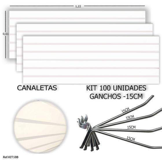 Imagem de 3 Paineis Canaletados -1,22 x 0,61 + 100 Ganchos 15cm + Canaleta Branca