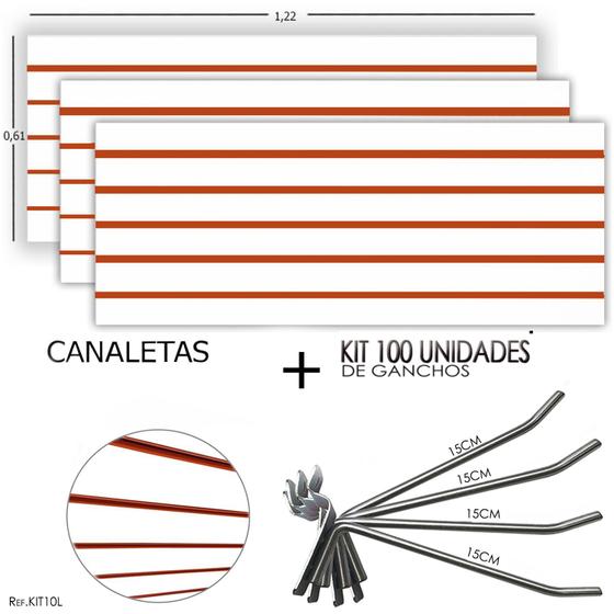 Imagem de 3 Paineis Canaletados - 1,22 X 0,61 + 100 Ganchos 15CM + Canaleta Laranja