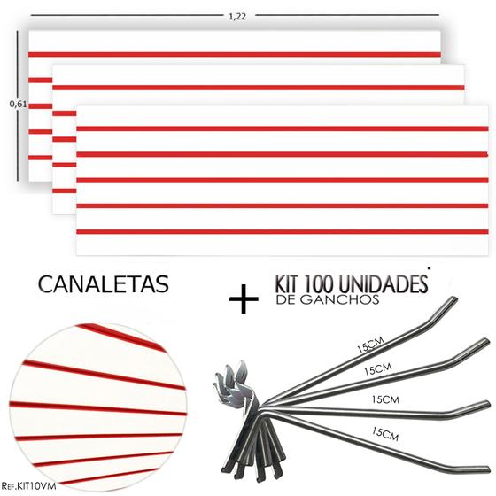 Imagem de 3 Paineis Canaletados - 1,22 X 0,61 + 100 Ganchos 15CM + Canaleta Vermelha