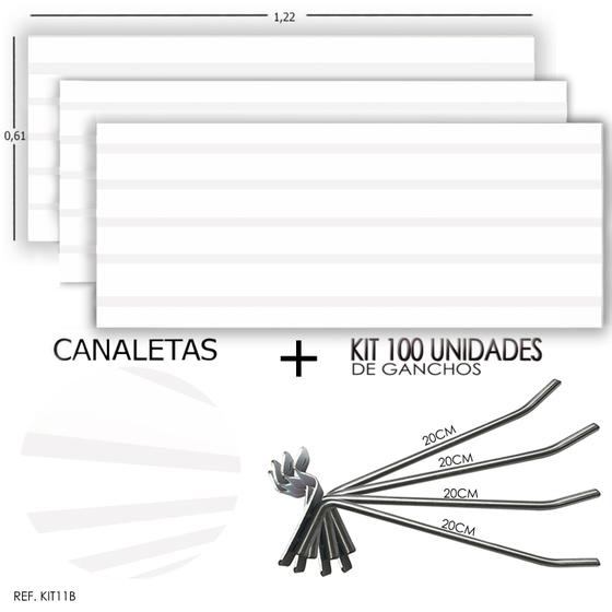 Imagem de 3 Paineis Canaletados -1,22 x 0,61 + 100 Ganchos 20cm + Canaleta Branca