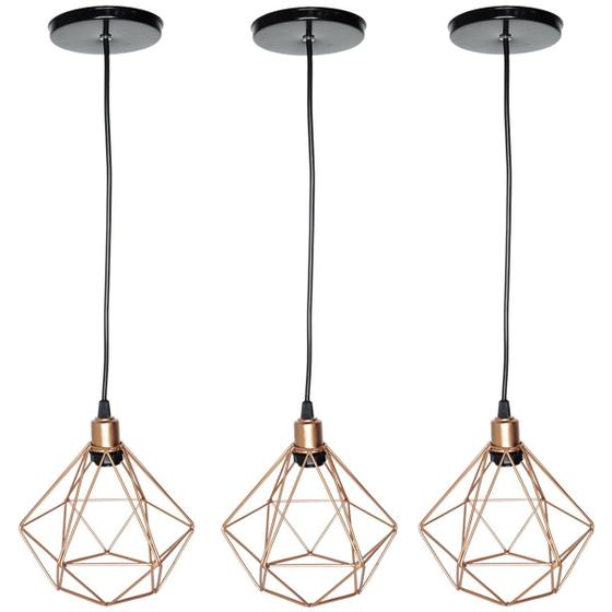 Imagem de 3 Pendente Aramado Diamante Luminária Lustre Luxo Pequeno Teto Retrô Agp Ilumini Industrial