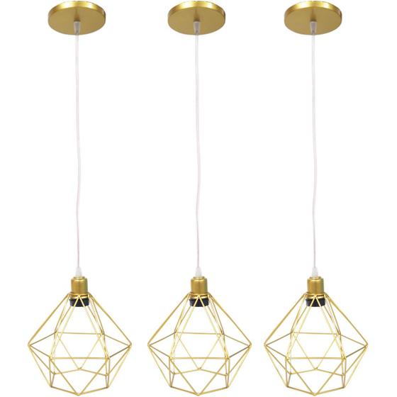 Imagem de 3 Pendente Aramado Diamante Luminárias Lustre Cabo Cristal Teto Retrô Dourado AgpIlumini