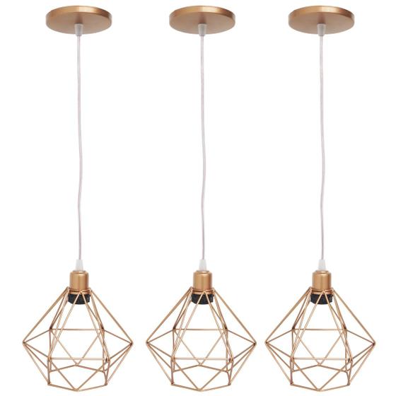 Imagem de 3 Pendentes Aramado Diamante Luminária Lustre Cabo Cristal 1,5 Mt Industrial Teto Retrô Agp Ilumini
