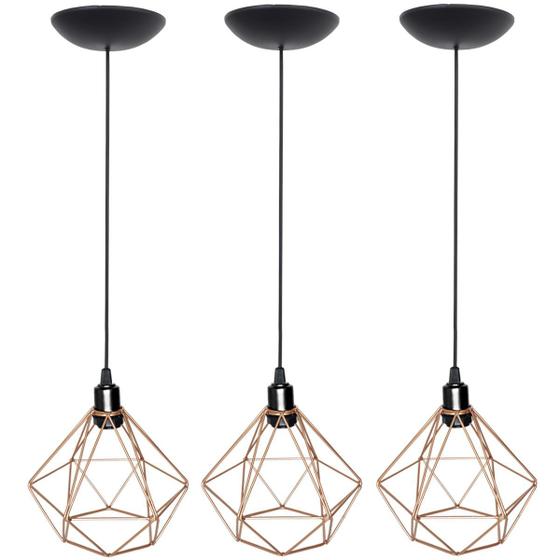 Imagem de 3 Pendentes Aramado Diamante Luminária Lustre P Teto Retrô Vintage Industrial Balcão Agp Ilumini