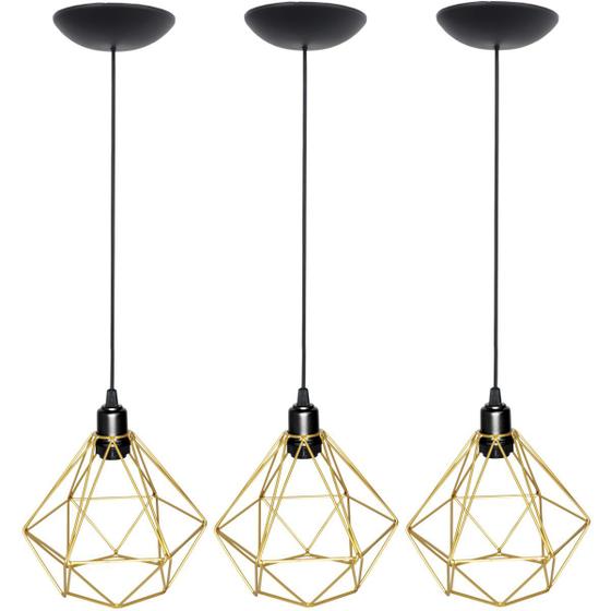 Imagem de 3 Pendentes Aramado Diamante Luminária Lustre P Teto Retrô Vintage Industrial Balcão Agp Ilumini