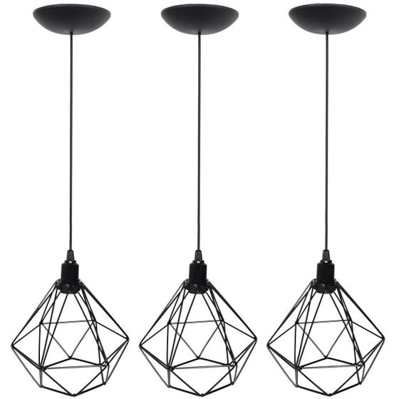 Imagem de 3 Pendentes Aramado Diamante Luminária Lustre P Teto Retrô Vintage Industrial Balcão Preto