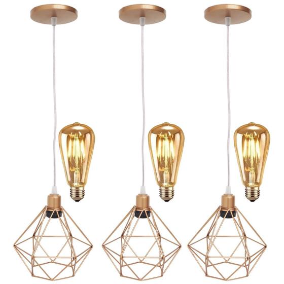 Imagem de 3 Pendentes Aramado Diamante Lustre Cabo Cristal P + 3 Lãmpadas Led ST64 Vintage Retrô Agp Gmh