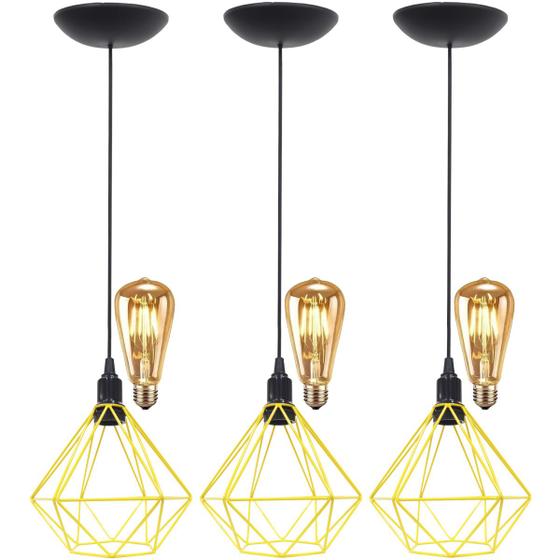 Imagem de 3 Pendentes Aramado Diamante Teto Luminária Retrô Balcão Agp + 3 Lâmpadas Led ST64 Vintage