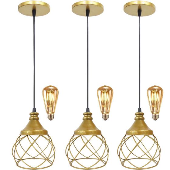 Imagem de 3 Pendentes Aramado Esfera Balonê Dourado + 3 Lâmpadas Lustre Luminária Teto Regulável Sala Cozinha