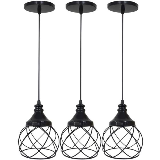 Imagem de 3 Pendentes Aramado Esfera Balonê Preto Lustre Luminária Teto Regulável Sala Cozinha Industrial Agp