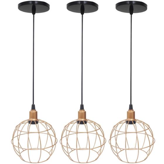 Imagem de 3 Pendentes Aramado Globo Luminária Lustre Luxo Teto Retrô Vintage Balcão Agp Ilumini Industrial