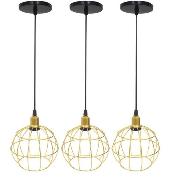 Imagem de 3 Pendentes Aramado Globo Luminária Lustre Luxo Teto Retrô Vintage Dourado Agp Ilumini Industrial