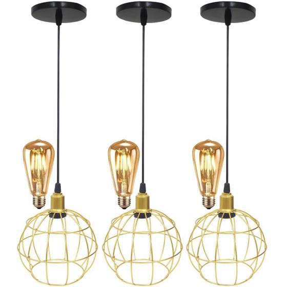 Imagem de 3 Pendentes Aramado Globo Luminária Lustre Retrô Balcão Dourado + 3 Lâmpada Led ST64 Vintage Teto