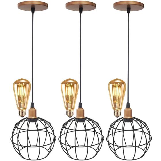 Imagem de 3 Pendentes Aramado Globo Luminária Lustre Retrô Balcão Preto Cobre Rose Gold + Lâmpada Led Teto