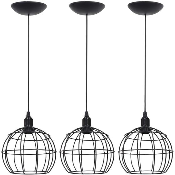 Imagem de 3 Pendentes Aramado Globo Luminária Lustre Teto Retrô Vintage Industrial Balcão Preto