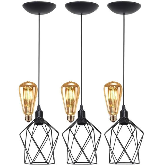 Imagem de 3 Pendentes Aramado Teto Cálice P Luminária Lustre Retrô Balcão + Lâmpada Led ST64 Vintage Preto