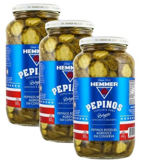 Imagem de 3 pepino em rodela agridoce em conserva burguer hemmer 440g