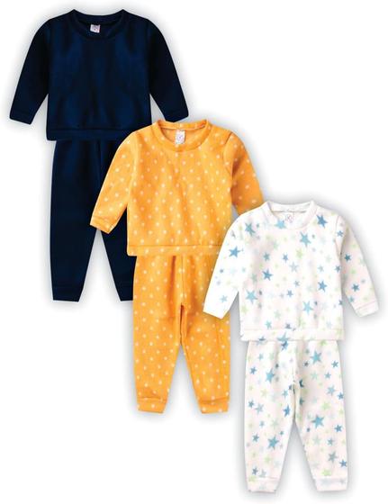 Imagem de 3 Pijamas SOFT Inverno Infantil Menina Ou Menino Longo Frio P, azul amarelo e branco 