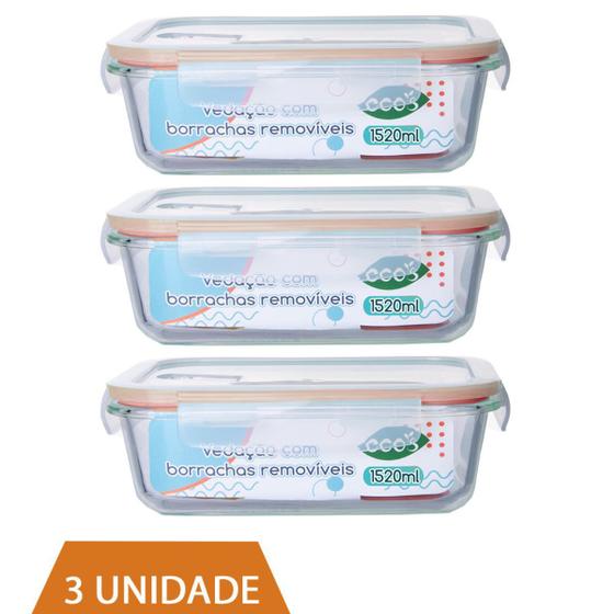 Imagem de 3 Pote 1520ml Vidro Forno Microondas Tampa Hermetica Forte