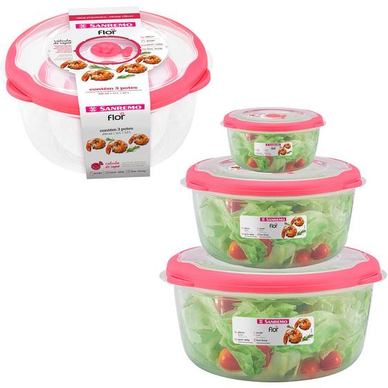 Imagem de 3 potes com tampa de alimentos salada frutas marmita vasilha freezer microondas sanremo flor