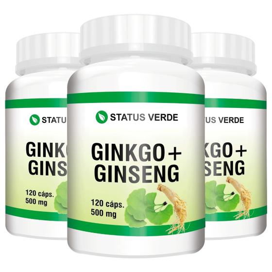 Imagem de 3 Potes Ginkgo Biloba Biloba com Ginseng 500mg 120 Cáps Status Verde