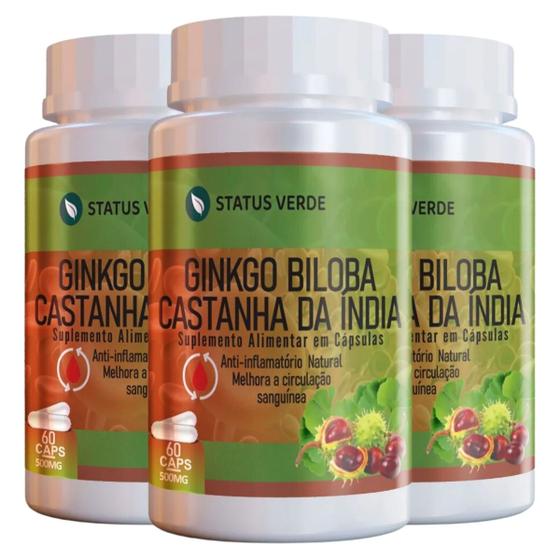 Imagem de 3 Potes Ginkgo Biloba com Castanha da India 500mg kit 180 cáps Status Verde