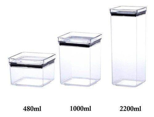 Imagem de 3 Potes Herméticos quadrado 480ml, 1000ml e 2200ml para armazenamento de alimentos