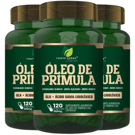 Imagem de 3 Potes Óleo de Primula Premium Kit 360 Cápsulas - Fonte Verde