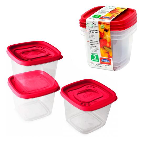 Imagem de 3 potes plástico 1200ml tampa mantimentos vermelho Vasilha marmita tapoer tupperware tapuer plasútil
