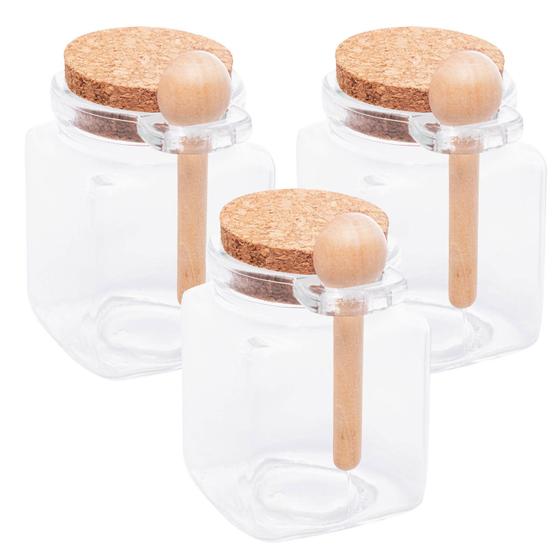 Imagem de 3 Potes Quadrado de Vidro com Colher e Tampa de Rolha 310ml