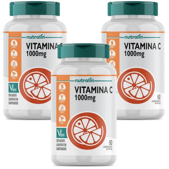 Imagem de 3 Potes Vitamina C 1000mg Acido Ascorbico Vegano 60 Comp Nutralin