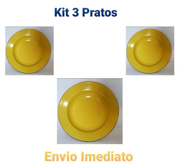 Imagem de 3 Pratos  Esmaltado Ágata  Original  N.22 Metallouça  Amarelo