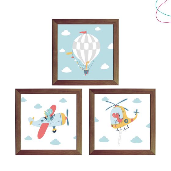 Imagem de 3 Quadrinhos Decorativos Infantil dinossauro avião balão