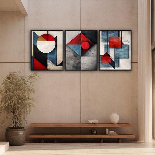 Imagem de 3 Quadros Alto Padrão Geométrico Colors C/ Moldura 129x53cm