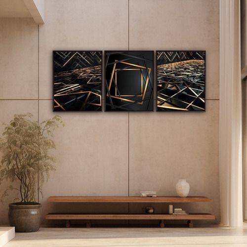 Imagem de 3 Quadros Alto Padrão Trio Geométrico Metais 129x53cm