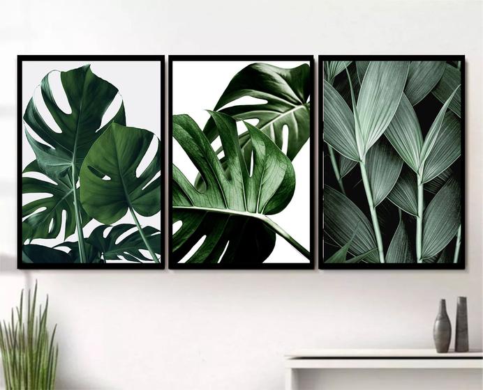 Imagem de 3 Quadros Decoração 20x30 Florais Folhas Bamboo, Verde Jardim Modernos Com Moldura