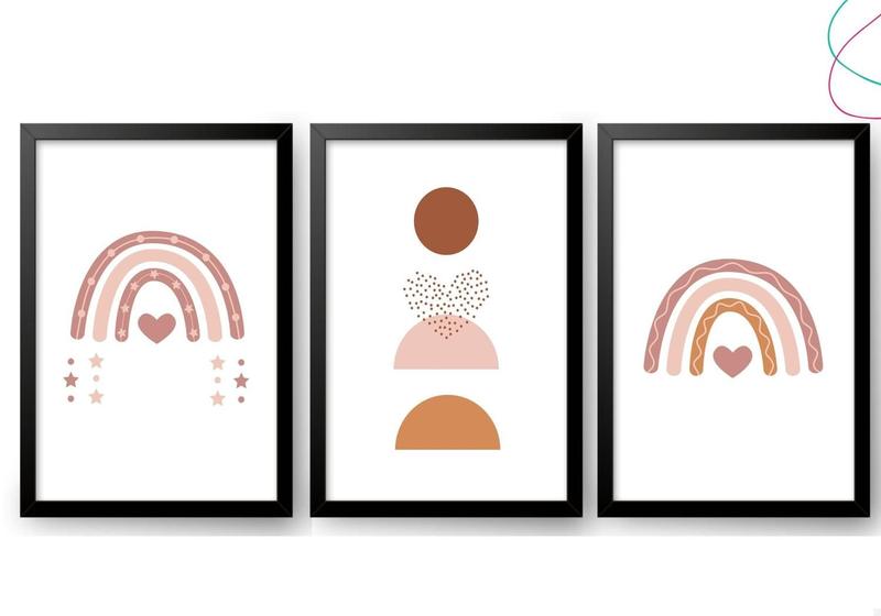 Imagem de 3 Quadros decoração arco-íris boho escandinavo 33x43