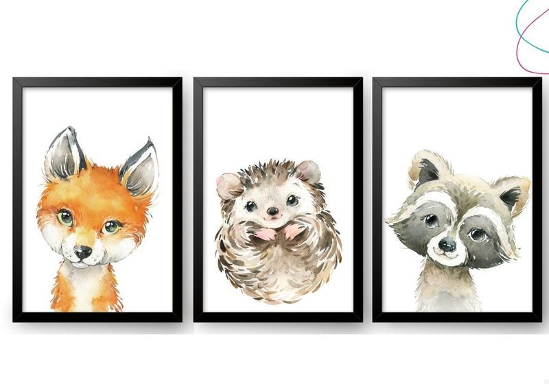 Imagem de 3 Quadros Decorativos Animais do Bosque Raposa Aquarela