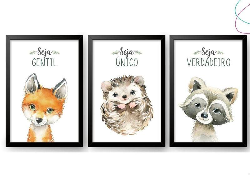 Imagem de 3 Quadros Decorativos Animais do Bosque Raposa Aquarela