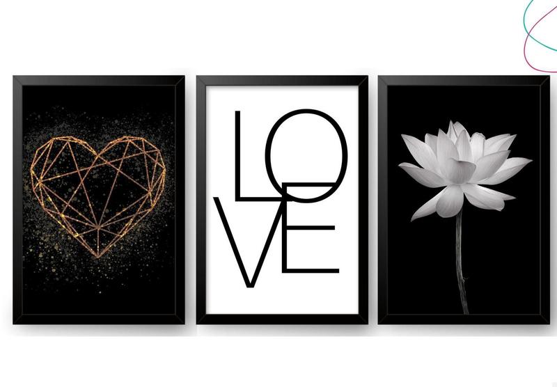 Imagem de 3 Quadros Decorativos - Coração Dourado, Love, Flor de Lótus