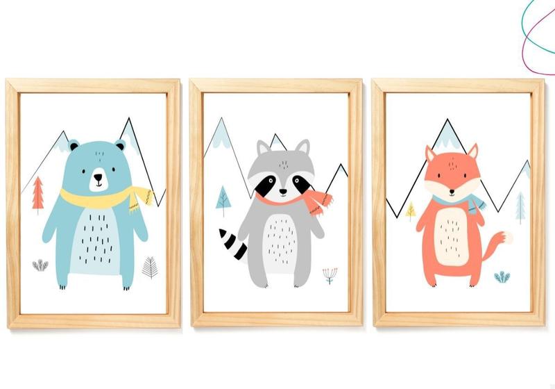 Imagem de 3 Quadros Decorativos Infantil Raposinha Urso Montanha