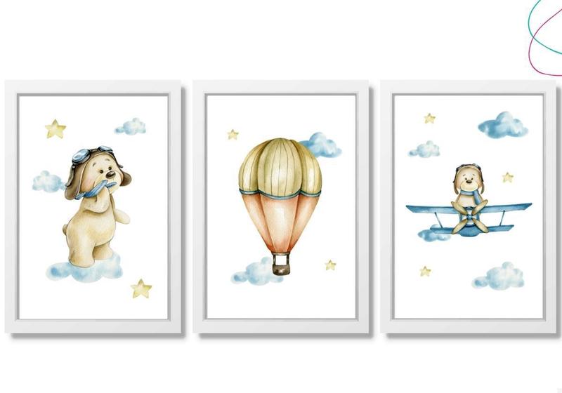 Imagem de 3 Quadros Decorativos Infantil Ursinho Aviador Aquarela