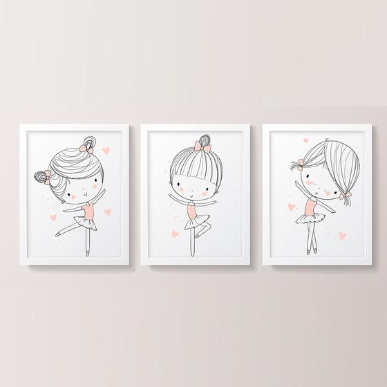 Imagem de 3 Quadros Decorativos Menina Bailarina Moldura Branca