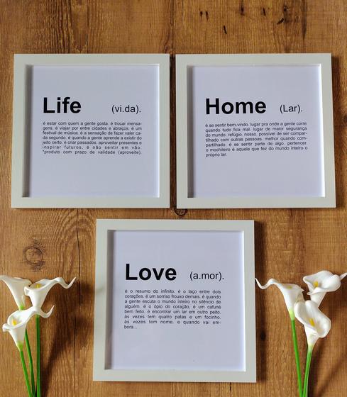 Imagem de 3 Quadros Decorativos Significado Love Home Life Sala Quarto