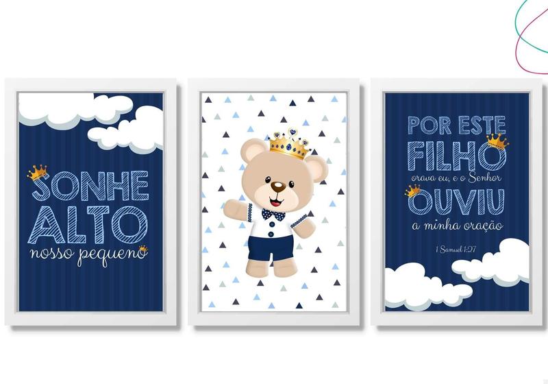 Imagem de 3 Quadros Decorativos Ursinho Príncipe 20x30 moldura e vidro