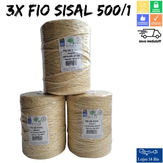 Imagem de 3 Rolos de Fio de Sisal 100% Natural sem Rasar 500/1 Rolo 1Kg com 500m APAEB