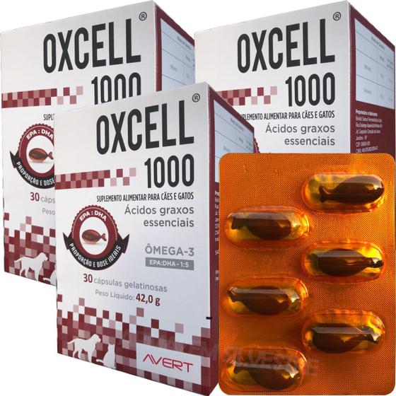 Imagem de 3 Suplemento Alimentar Oxcell 1000 Mg 90 Cápsulas Epa Dha Ômega 3 Cães Gatos Avert