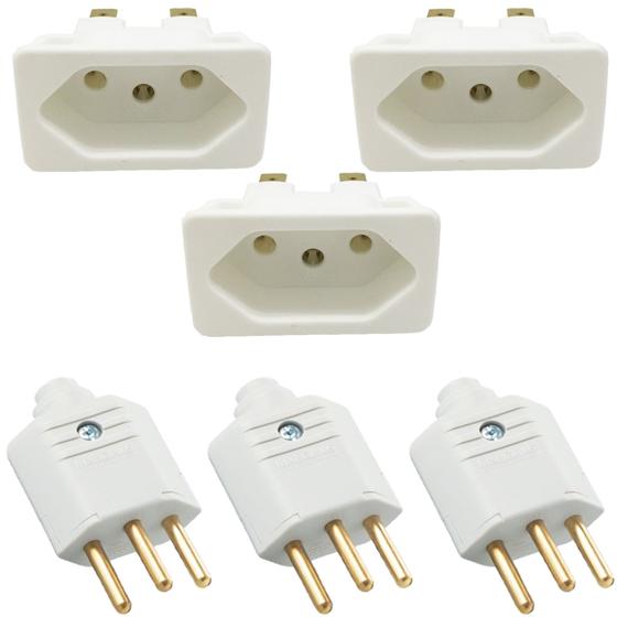 3 Tomada Painel Fêmea + 3 Plug Plugue Macho 3 Pinos 10a Branco ...